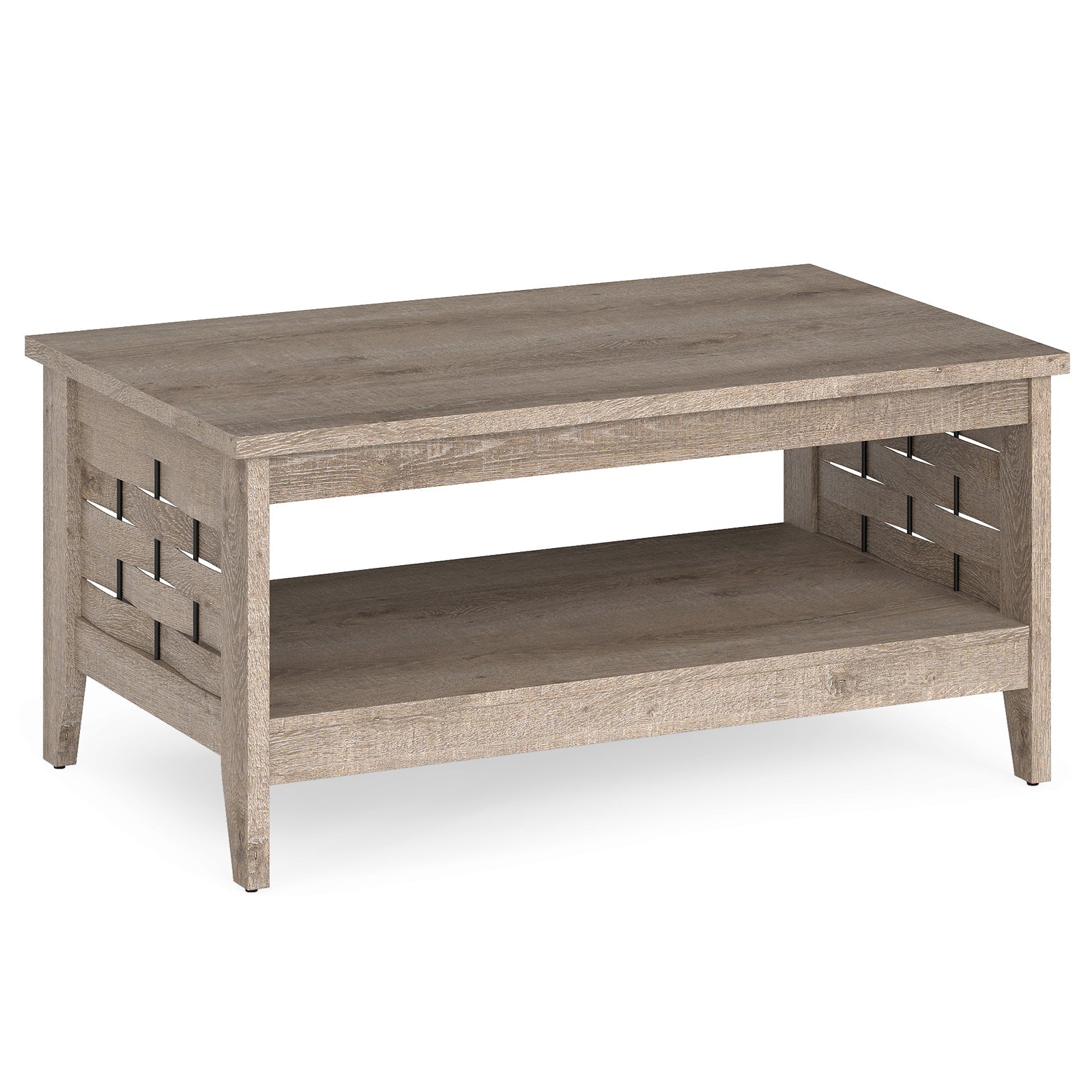 2-Tier Farmhouse Coffee Table with Open Shelf and Woven Decorations for Living Room