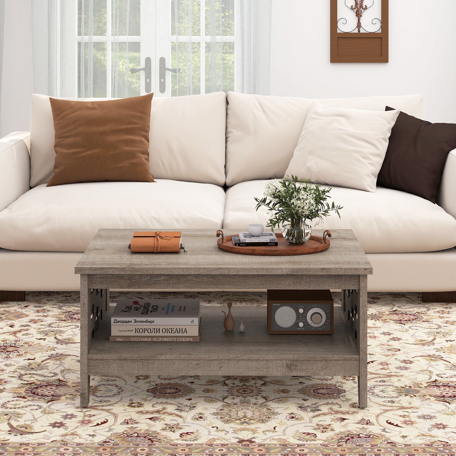 2-Tier Farmhouse Coffee Table with Open Shelf and Woven Decorations for Living Room