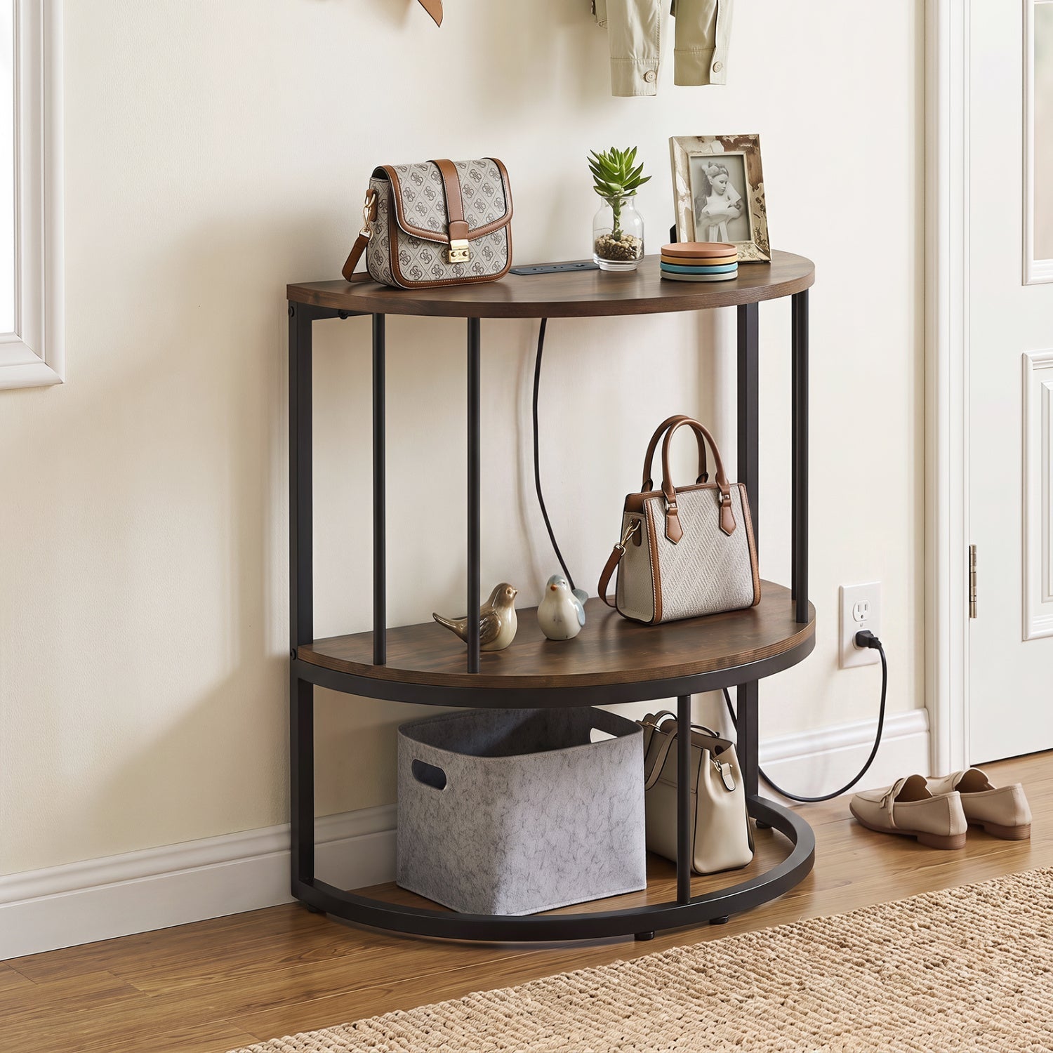 Half Moon Console Table with Power Outlets & Storage Shelf