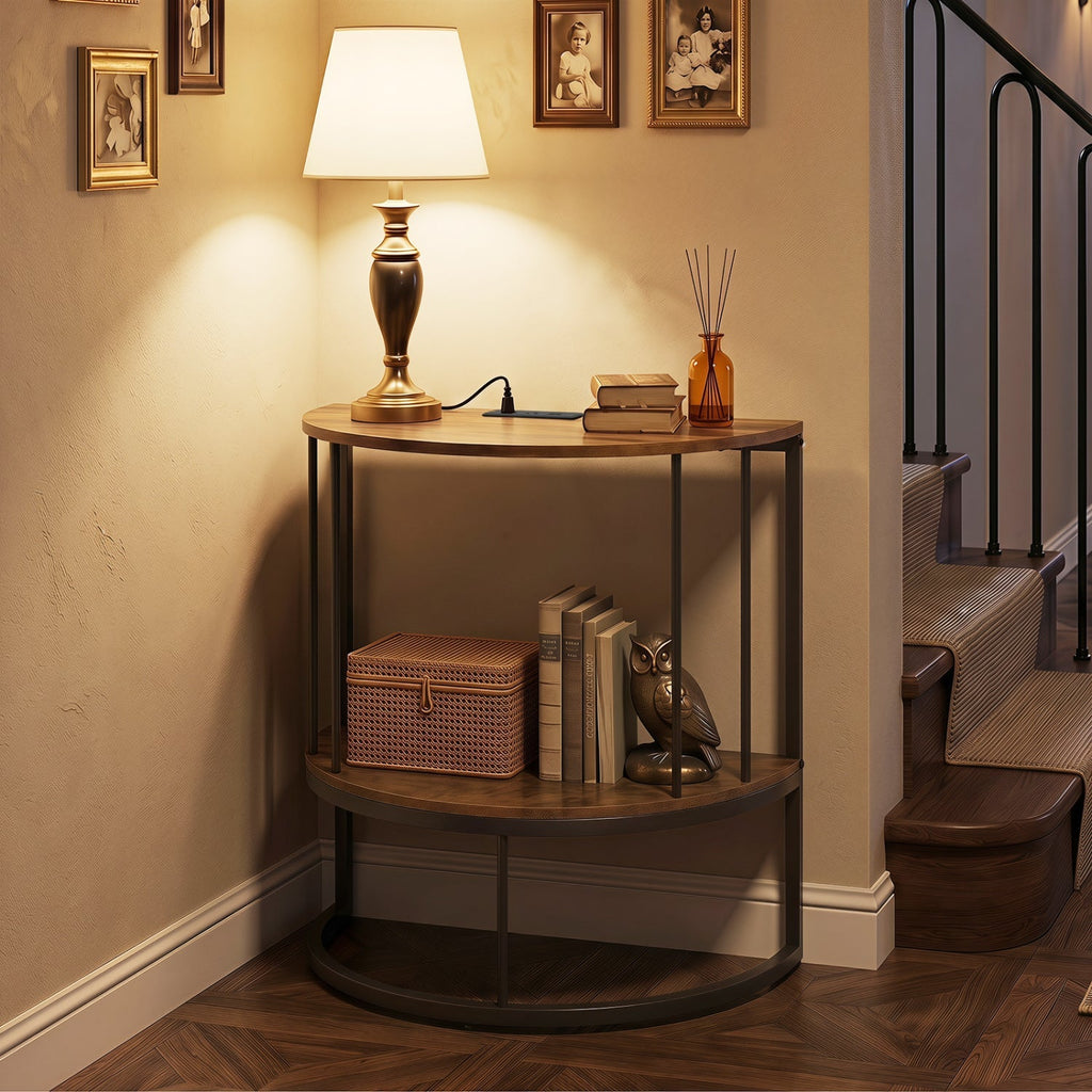 Half Moon Console Table with Power Outlets & Storage Shelf
