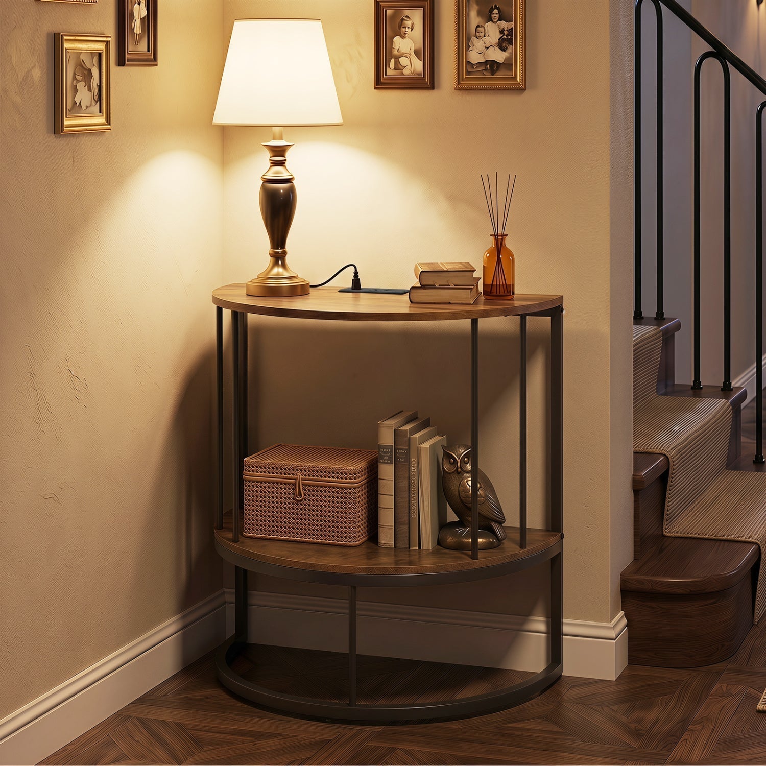 Half Moon Console Table with Power Outlets & Storage Shelf