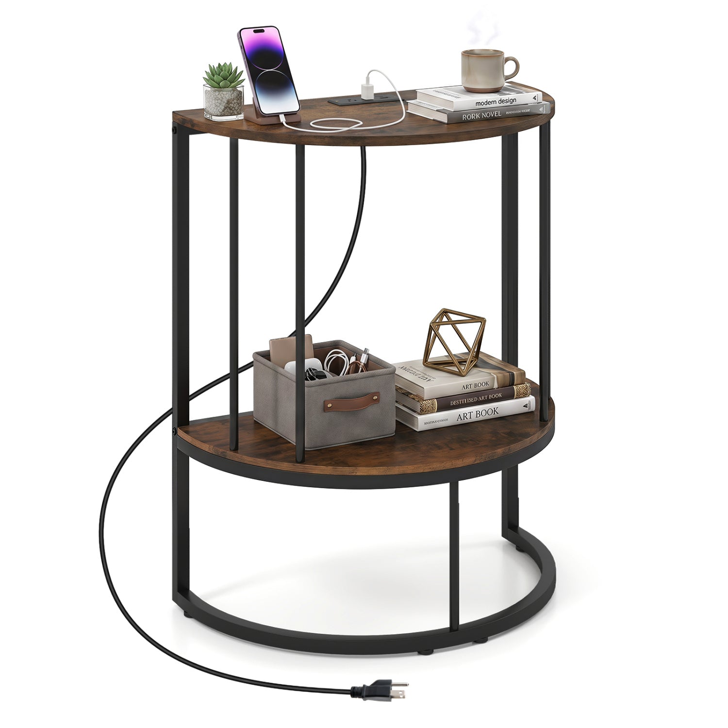 Half Moon Console Table with Power Outlets & Storage Shelf