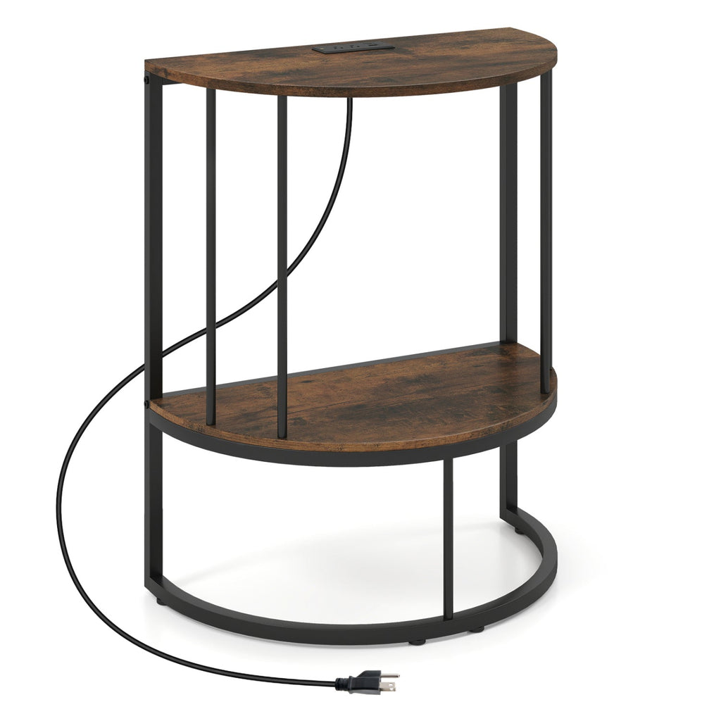 Half Moon Console Table with Power Outlets & Storage Shelf