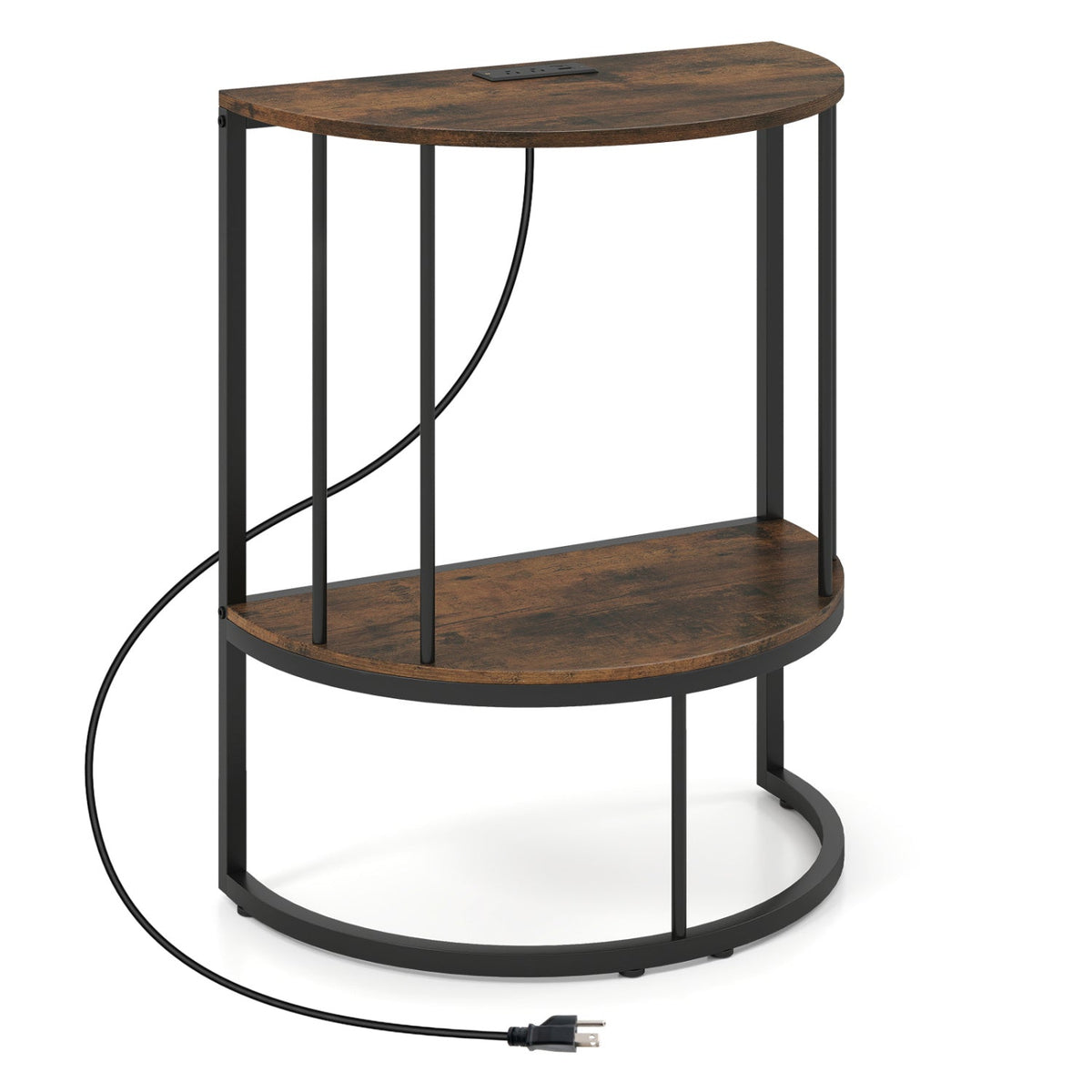 Half Moon Console Table with Power Outlets & Storage Shelf