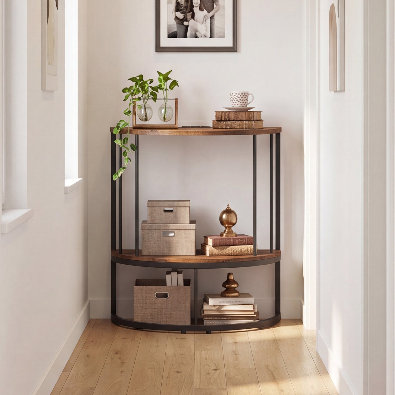 Half Moon Console Table with Power Outlets & Storage Shelf