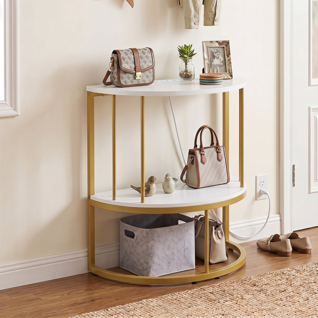 Half Moon Console Table with Power Outlets & Storage Shelf