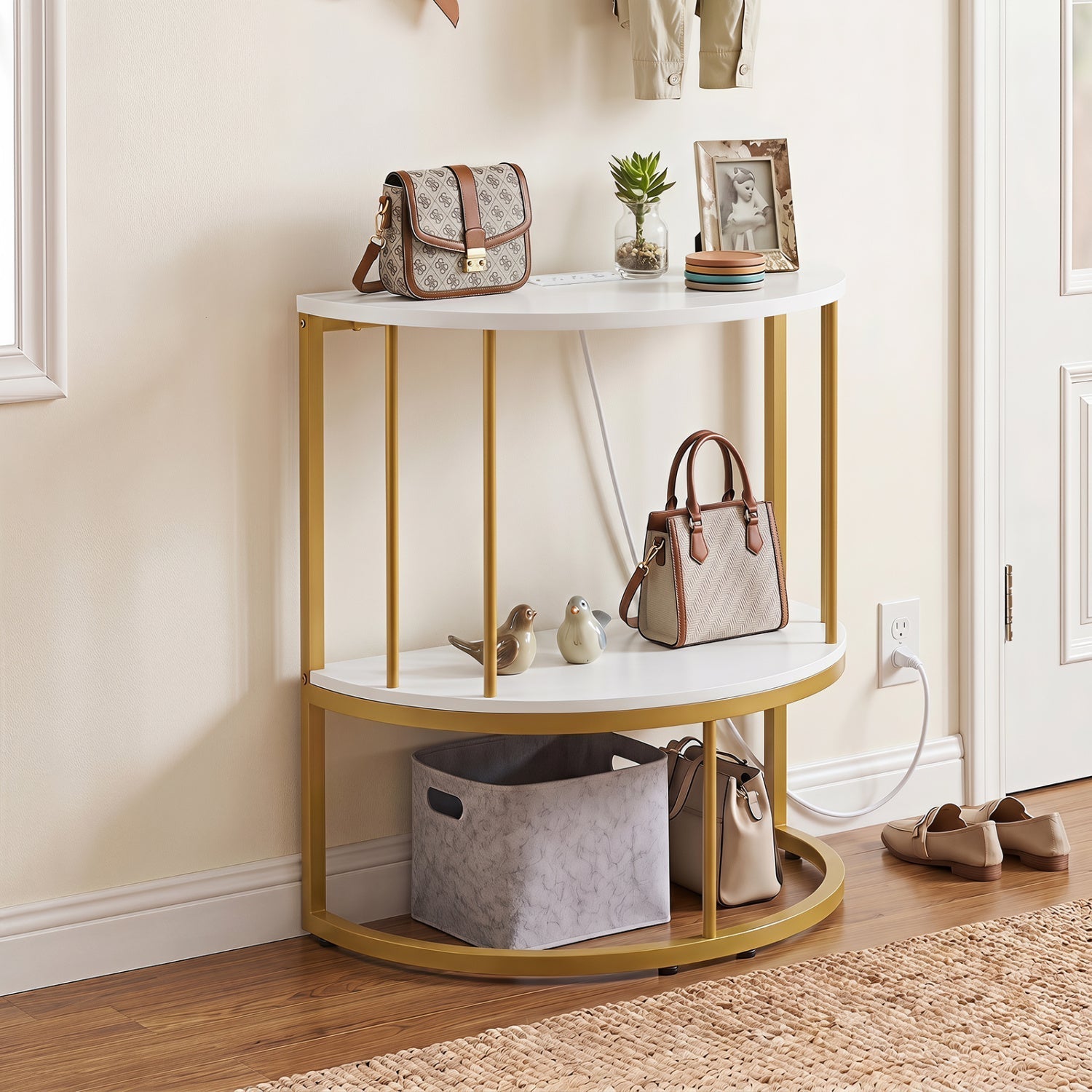 Half Moon Console Table with Power Outlets & Storage Shelf