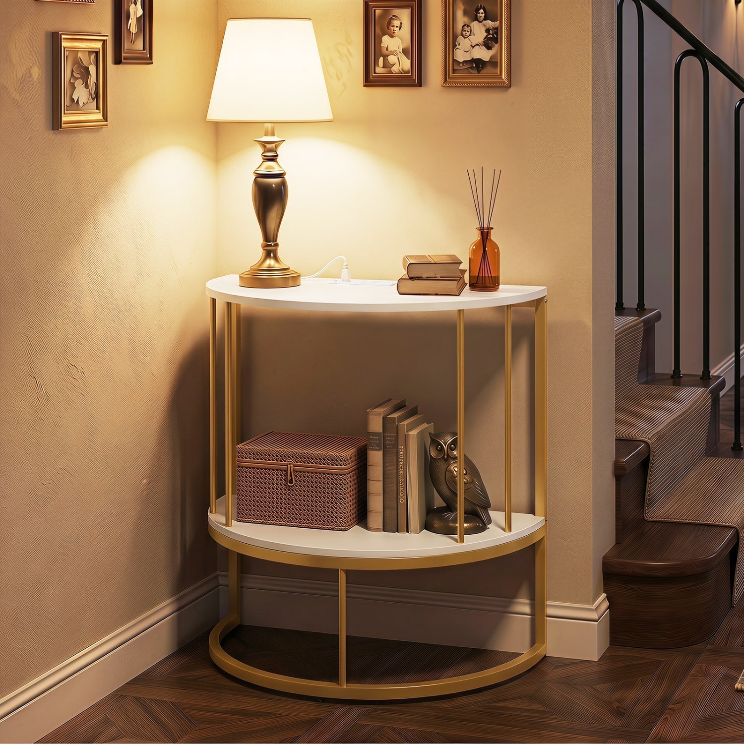 Half Moon Console Table with Power Outlets & Storage Shelf