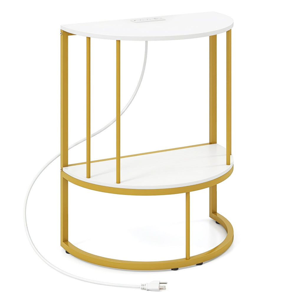 Half Moon Console Table with Power Outlets & Storage Shelf