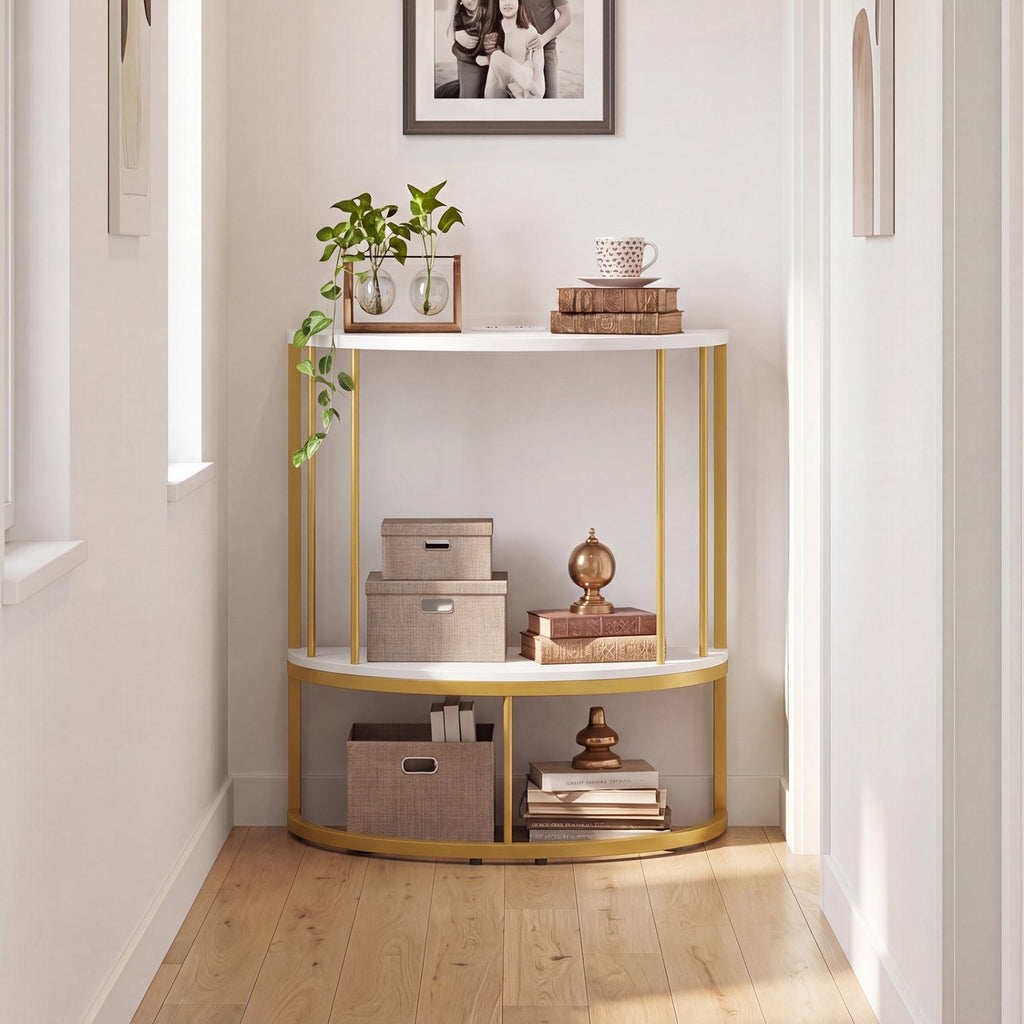 Half Moon Console Table with Power Outlets & Storage Shelf