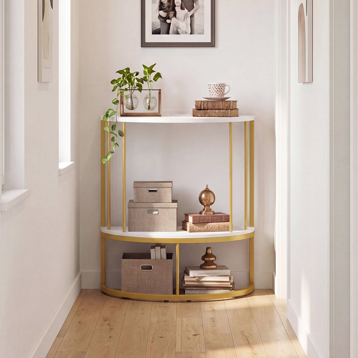 Half Moon Console Table with Power Outlets & Storage Shelf