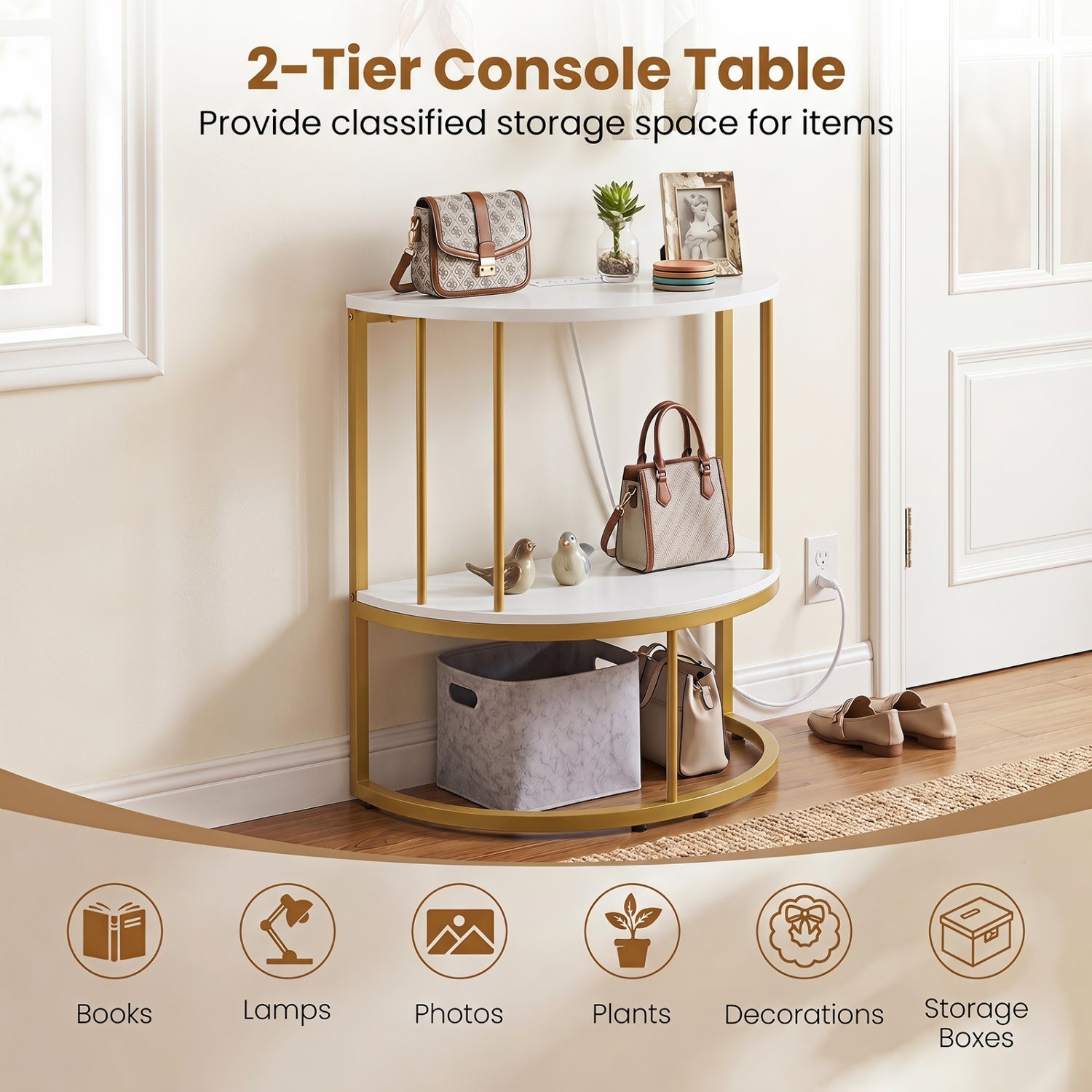 Half Moon Console Table with Power Outlets & Storage Shelf