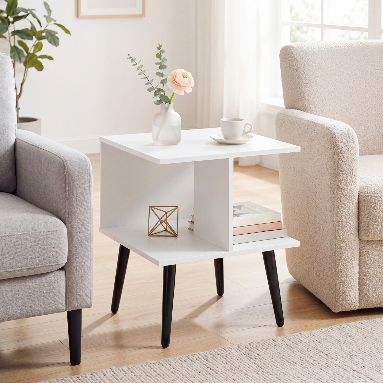 2-Tier End Table with Storage Compartments White