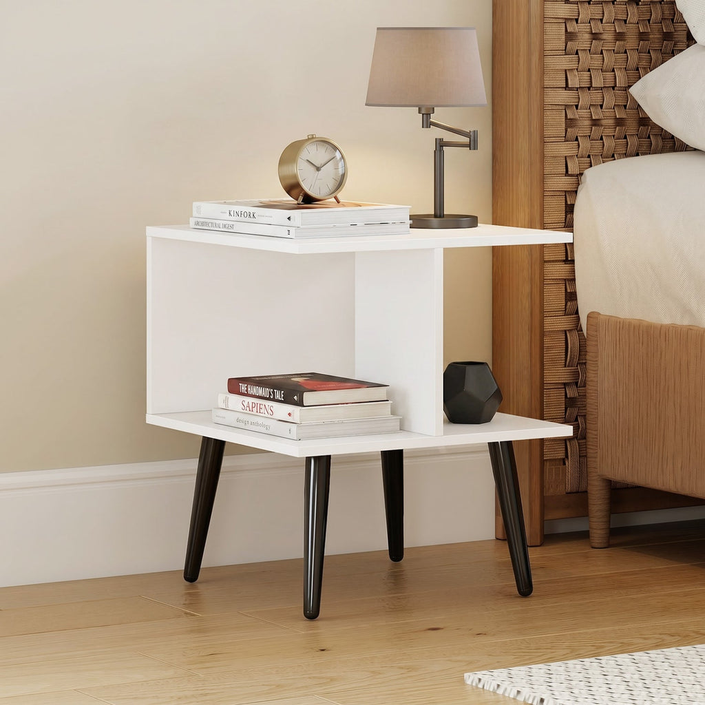 2-Tier End Table with Storage Compartments White