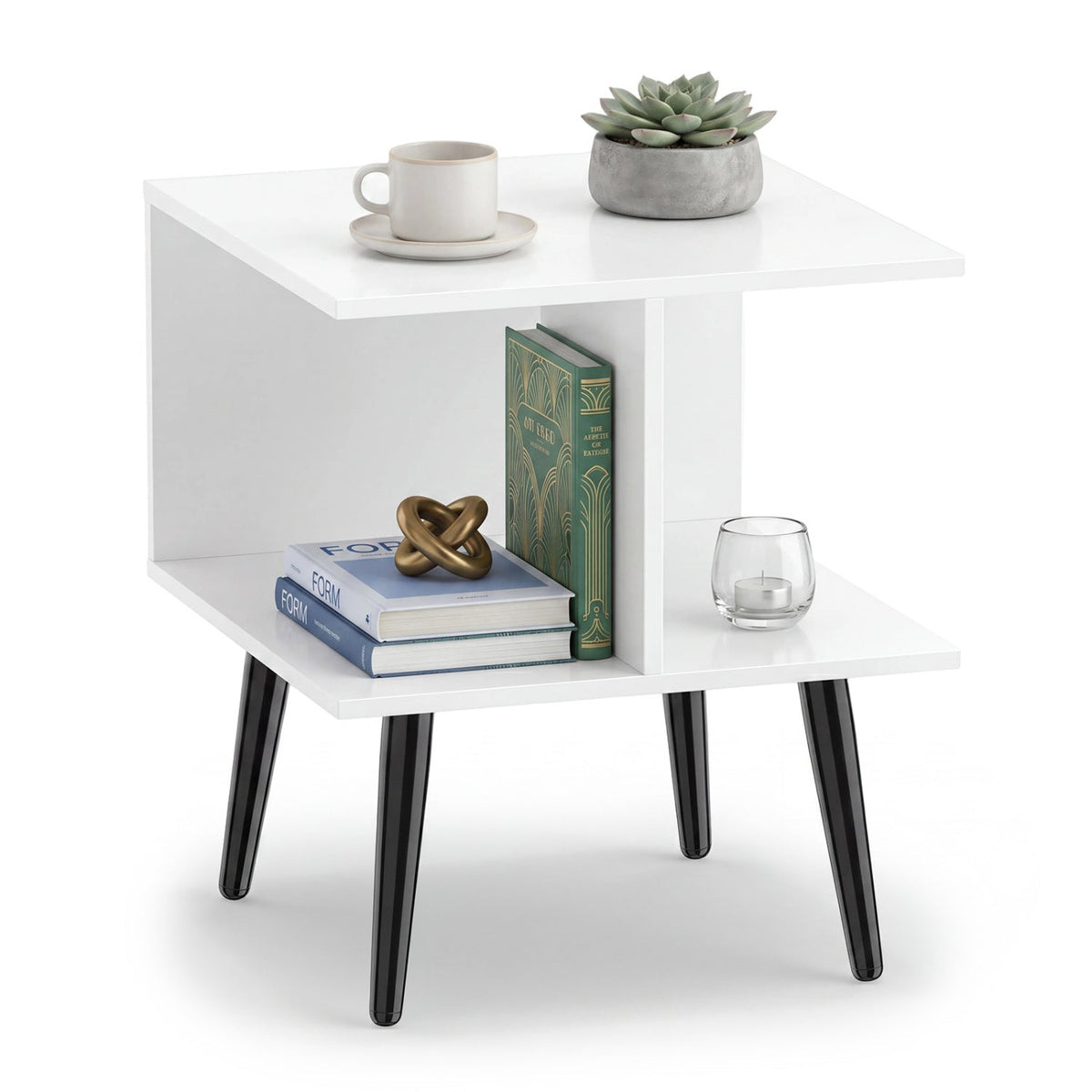 2-Tier End Table with Storage Compartments White