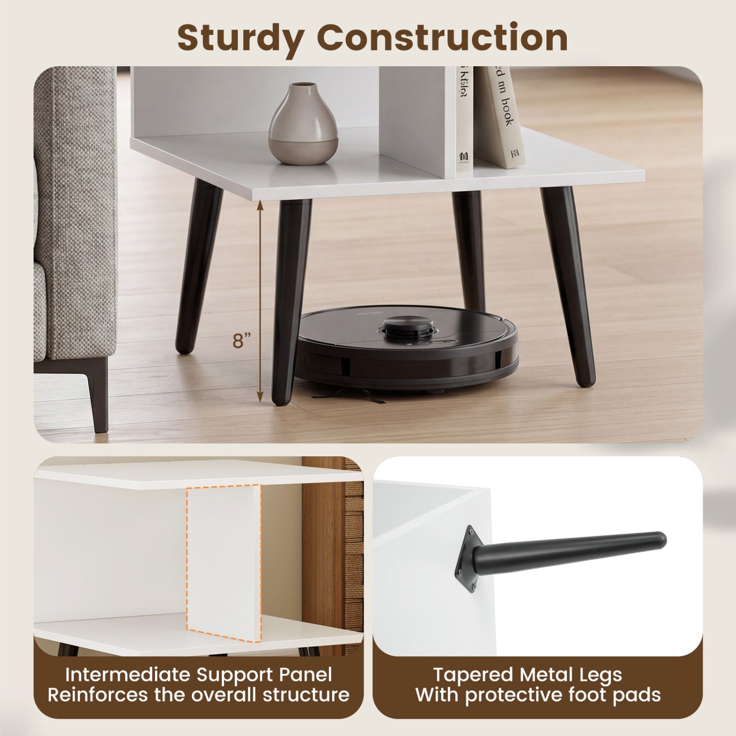 2-Tier End Table with Storage Compartments White