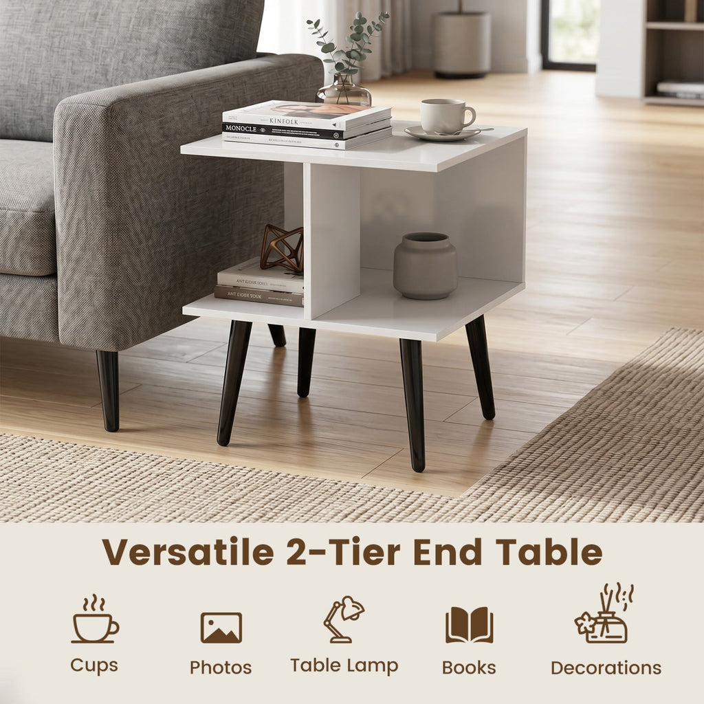 2-Tier End Table with Storage Compartments White