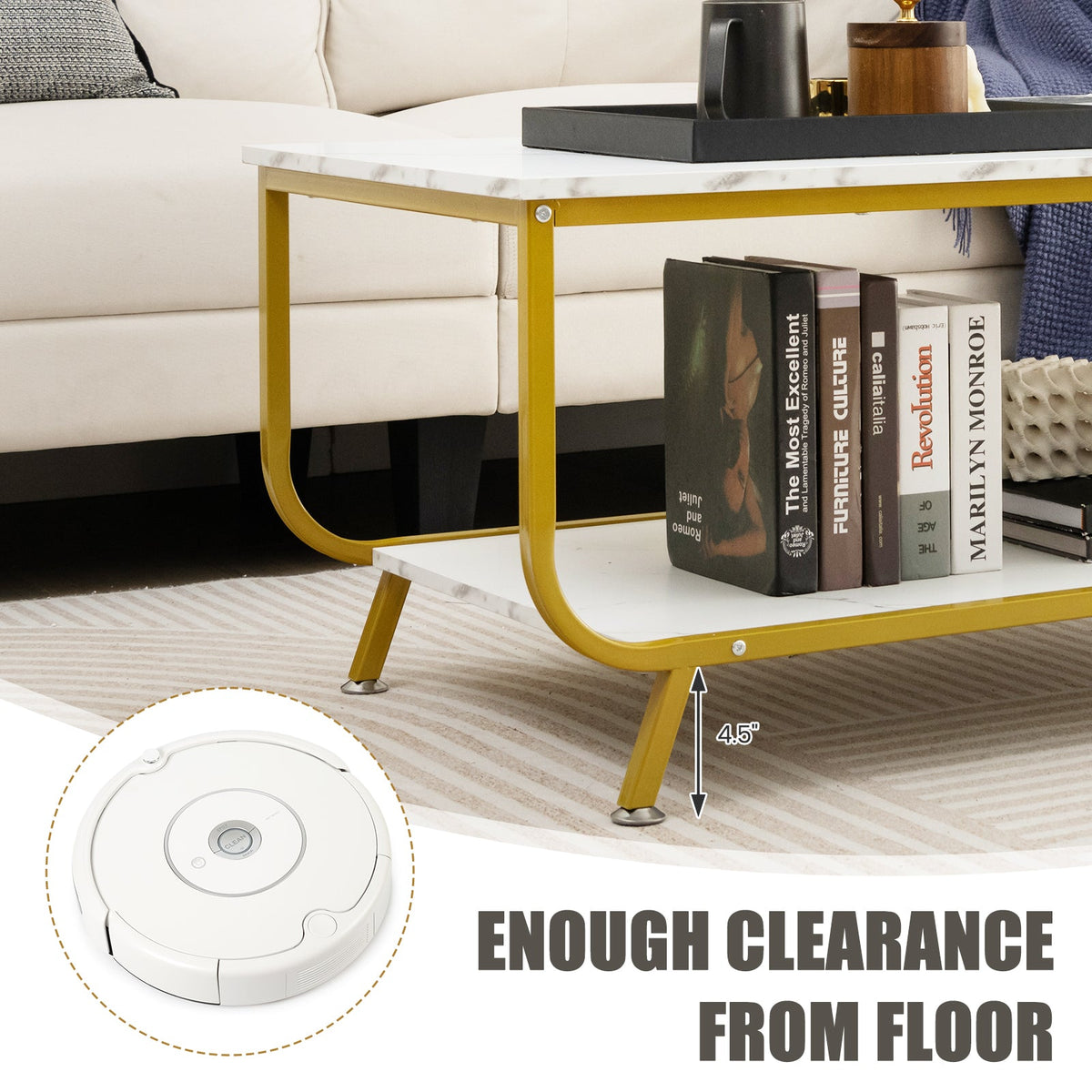 2-Tier Faux Marble Top Rectangular Coffee Table with Metal Frame-White