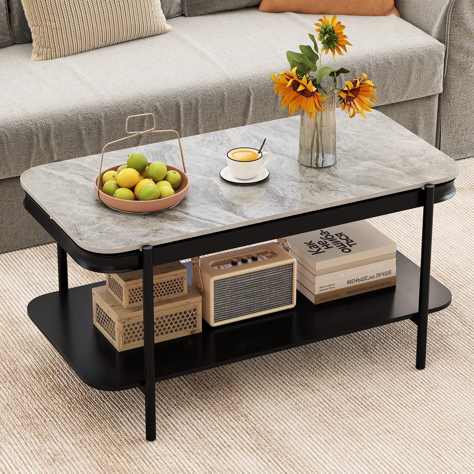 2-Tier Modern Rectangular Coffee Table with Sintered Stone Top