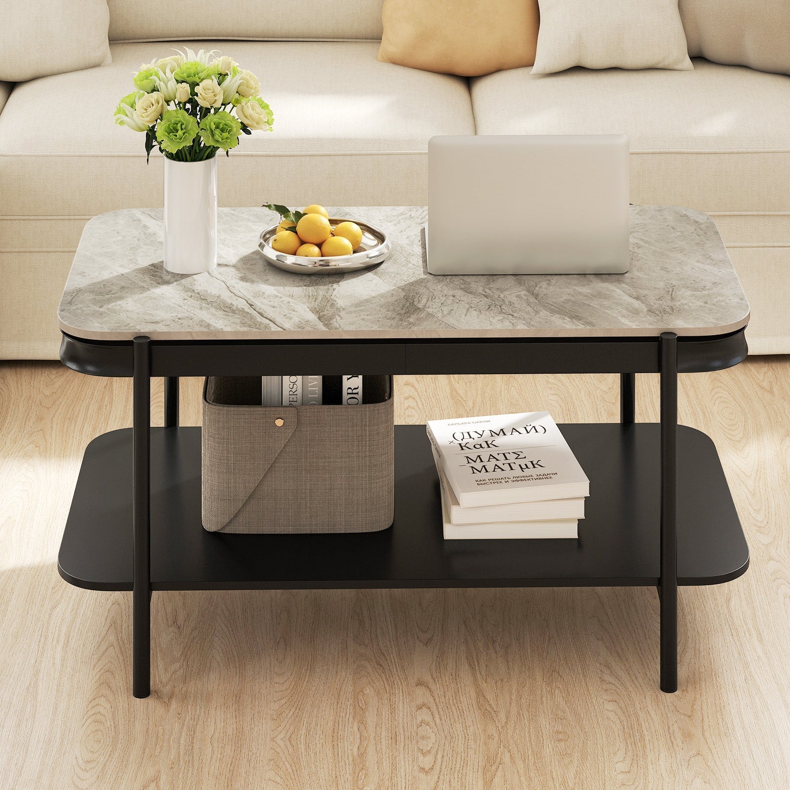 2-Tier Modern Rectangular Coffee Table with Sintered Stone Top