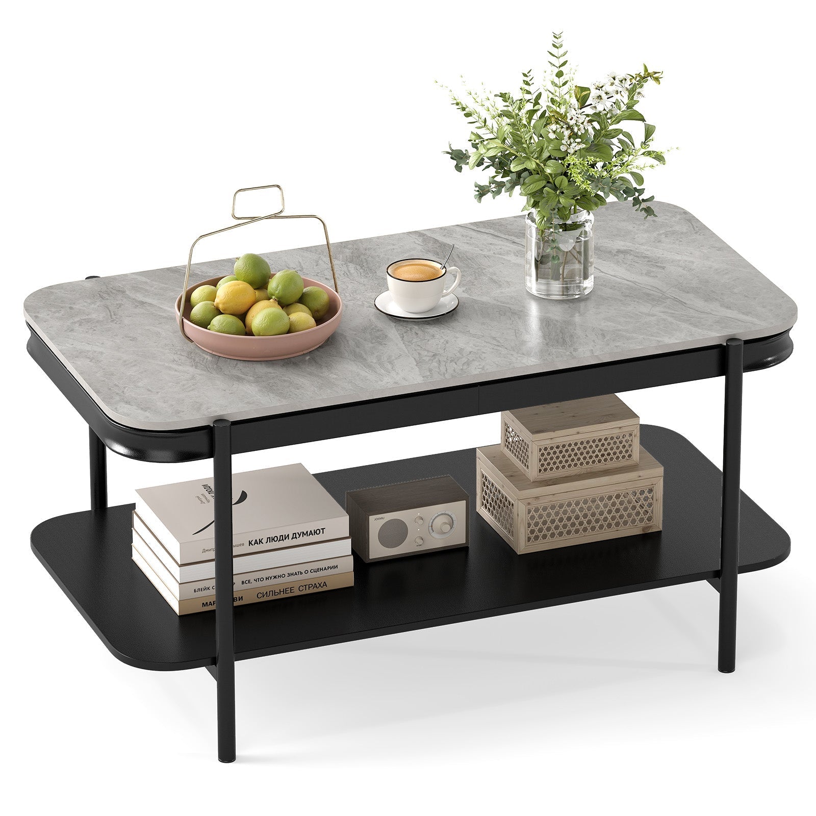 2-Tier Modern Rectangular Coffee Table with Sintered Stone Top