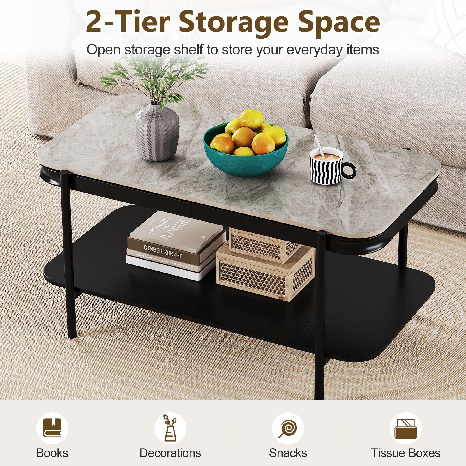 2-Tier Modern Rectangular Coffee Table with Sintered Stone Top