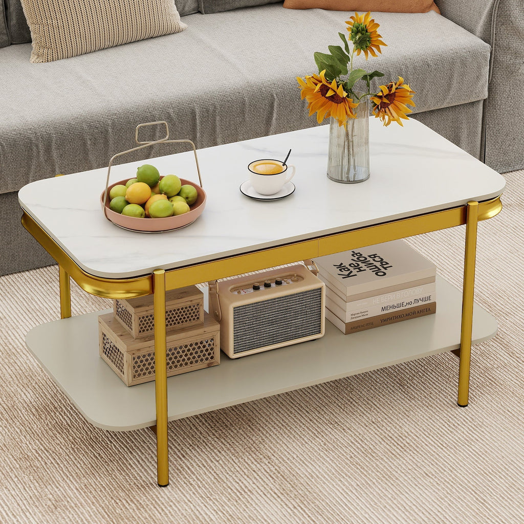 2-Tier Modern Rectangular Coffee Table with Sintered Stone Top