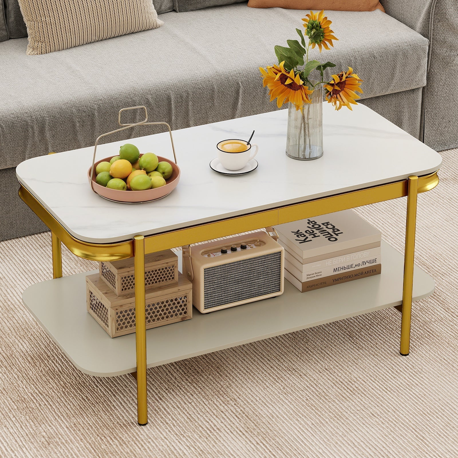 2-Tier Modern Rectangular Coffee Table with Sintered Stone Top