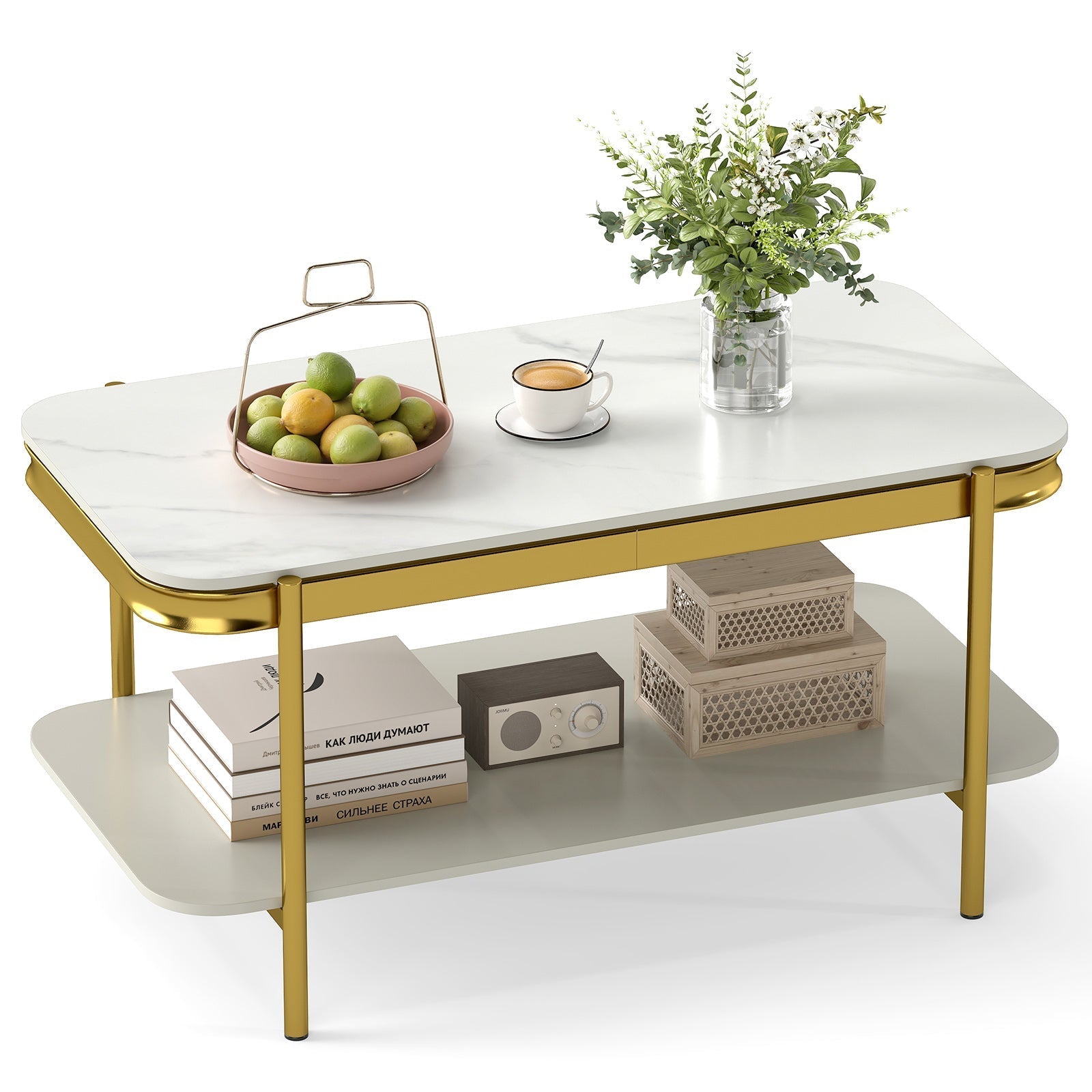 2-Tier Modern Rectangular Coffee Table with Sintered Stone Top