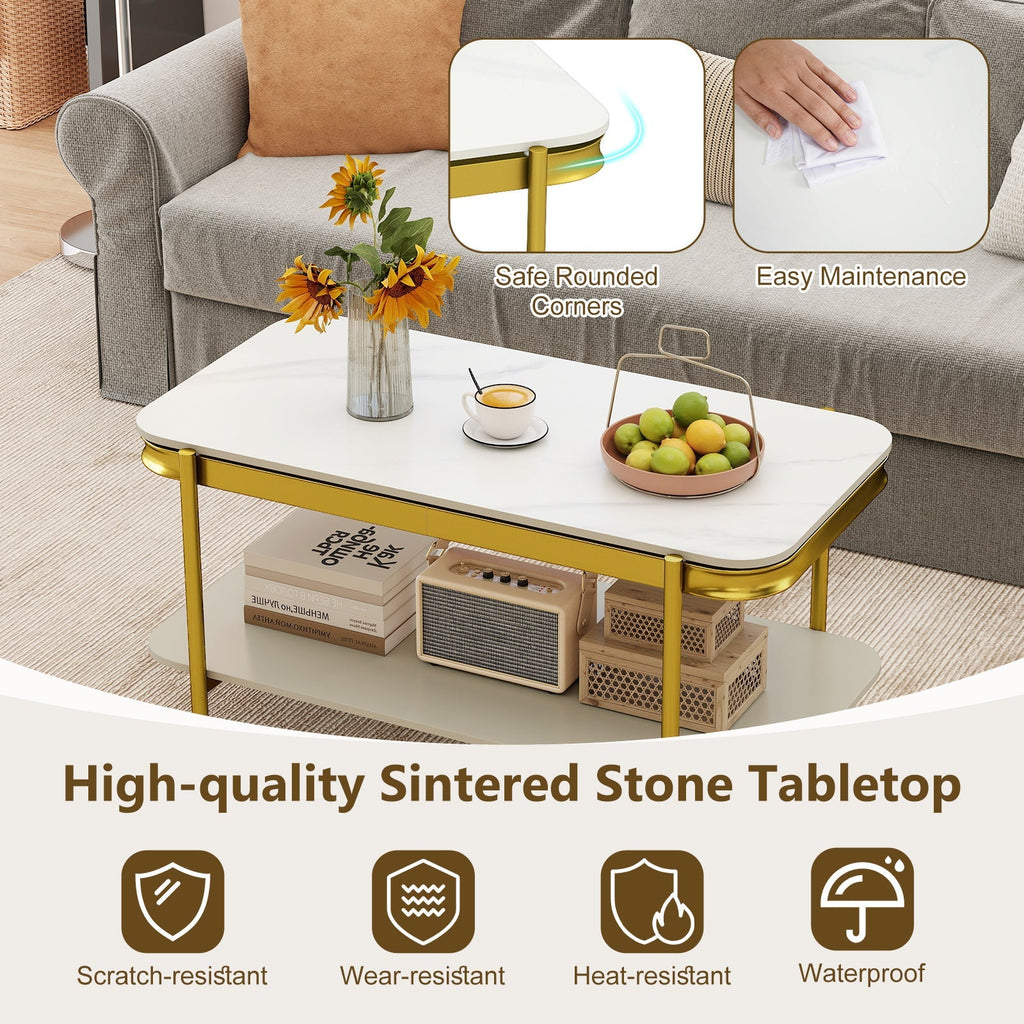 2-Tier Modern Rectangular Coffee Table with Sintered Stone Top