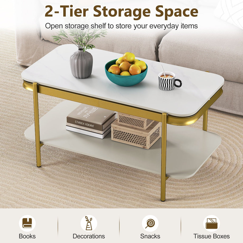 2-Tier Modern Rectangular Coffee Table with Sintered Stone Top