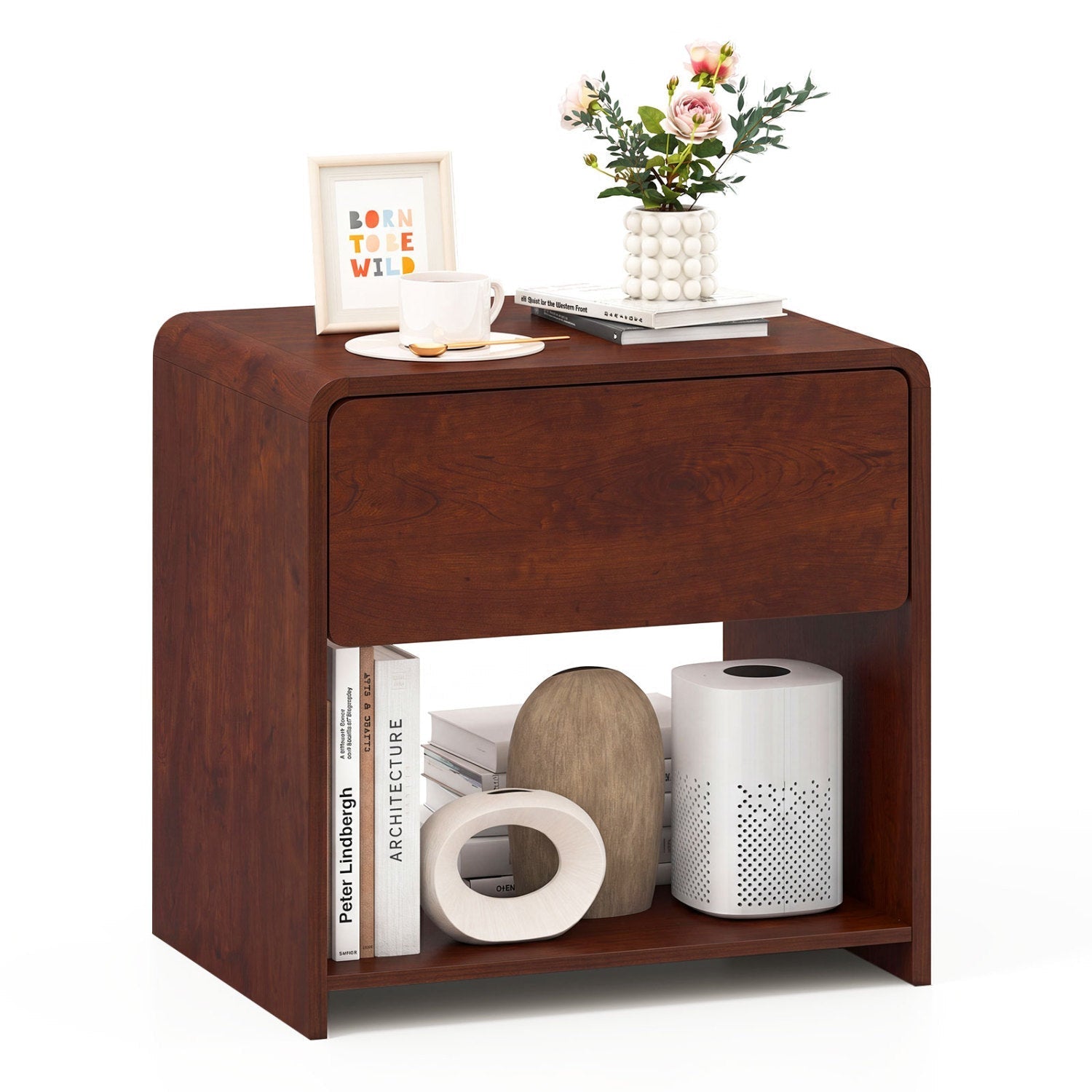 2-Tier Nightstand with Drawer and Open Shelf - Walnut
