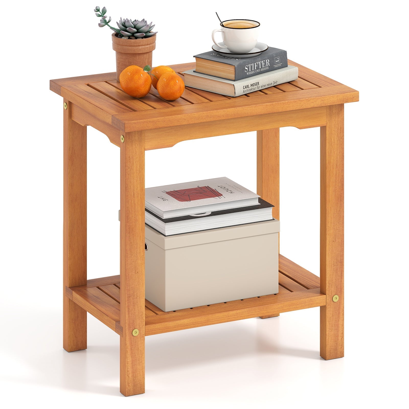 2-Tier Outdoor Acacia Wood Side Table with Slatted Tabletop and Storage Shelf