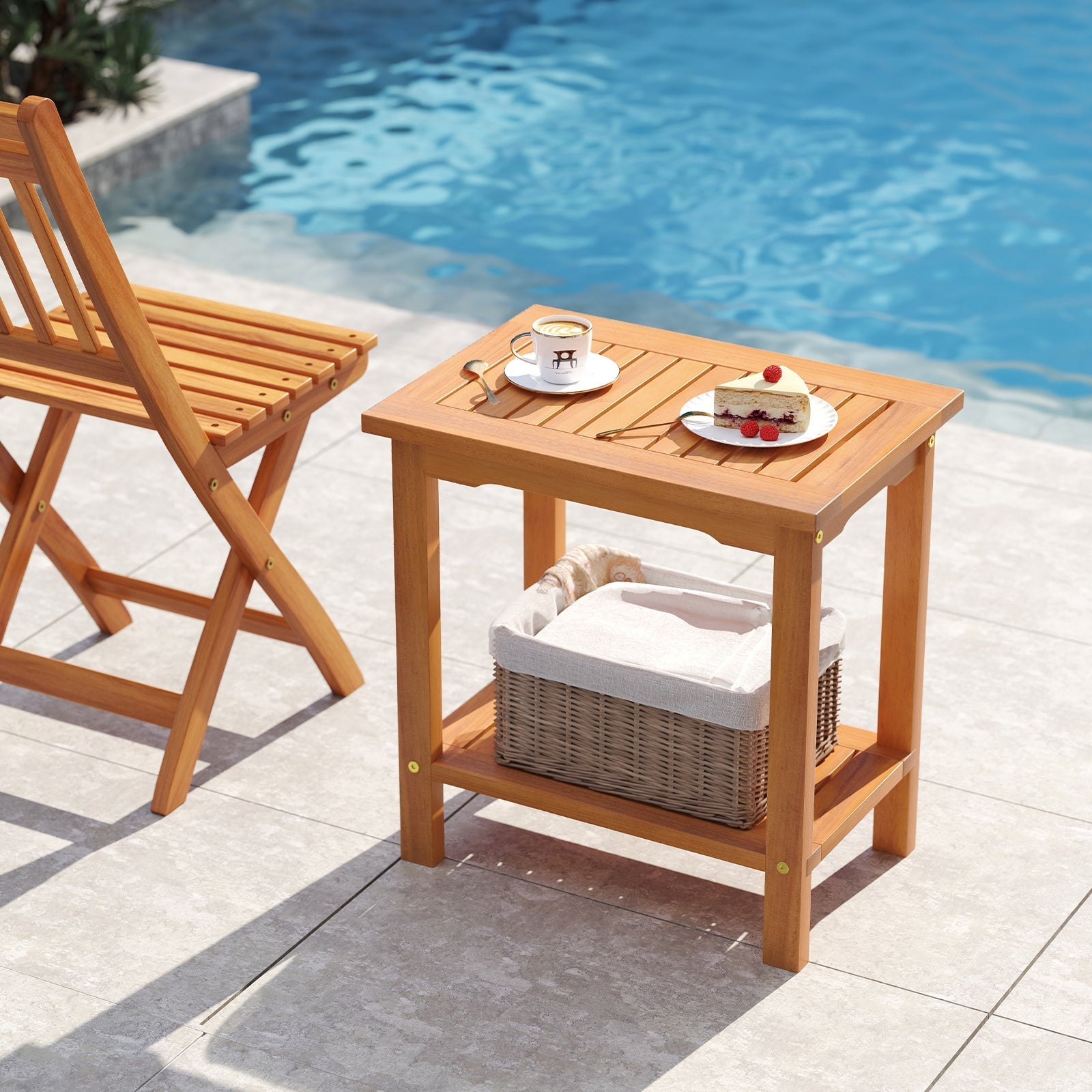 2-Tier Outdoor Acacia Wood Side Table with Slatted Tabletop and Storage Shelf