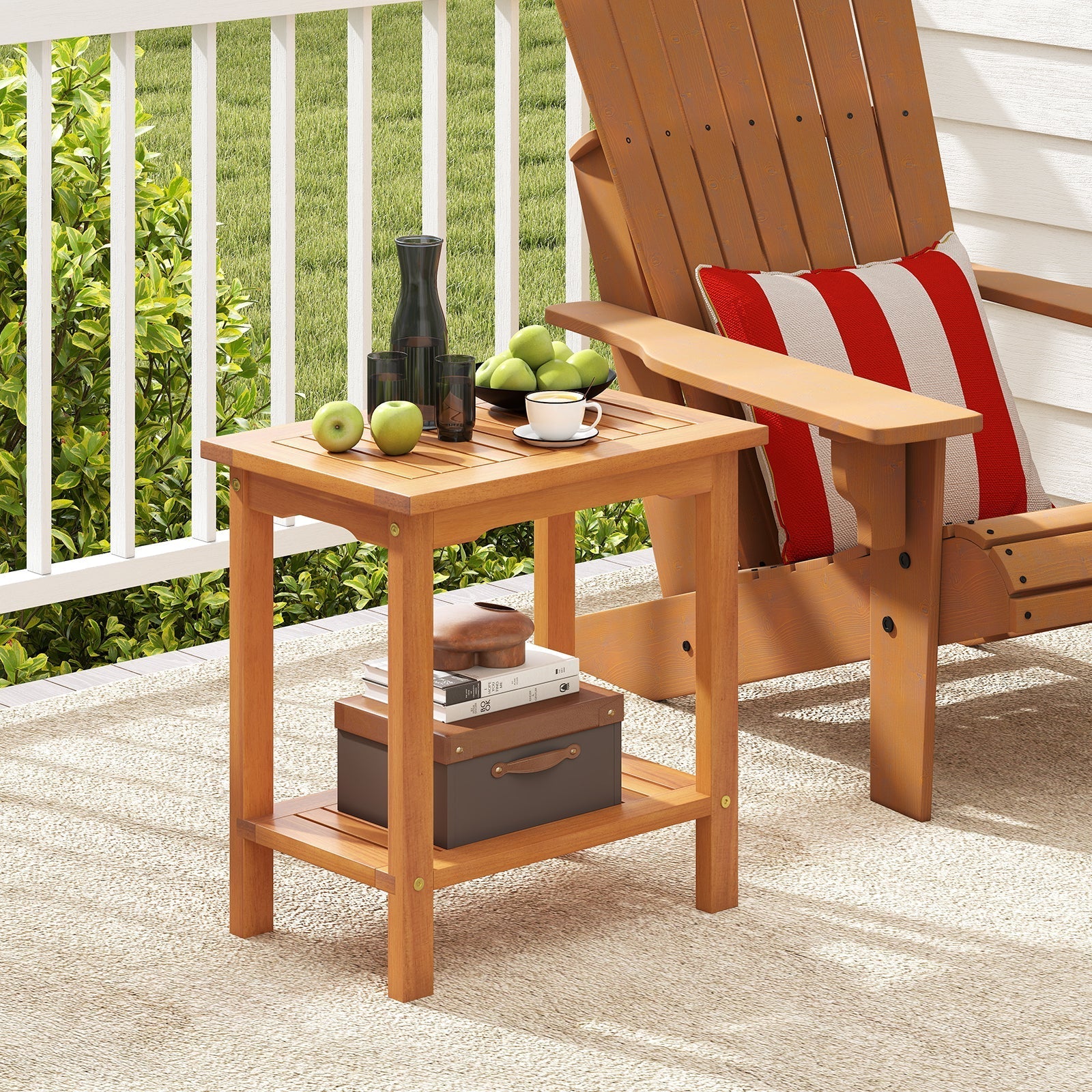 2-Tier Outdoor Acacia Wood Side Table with Slatted Tabletop and Storage Shelf