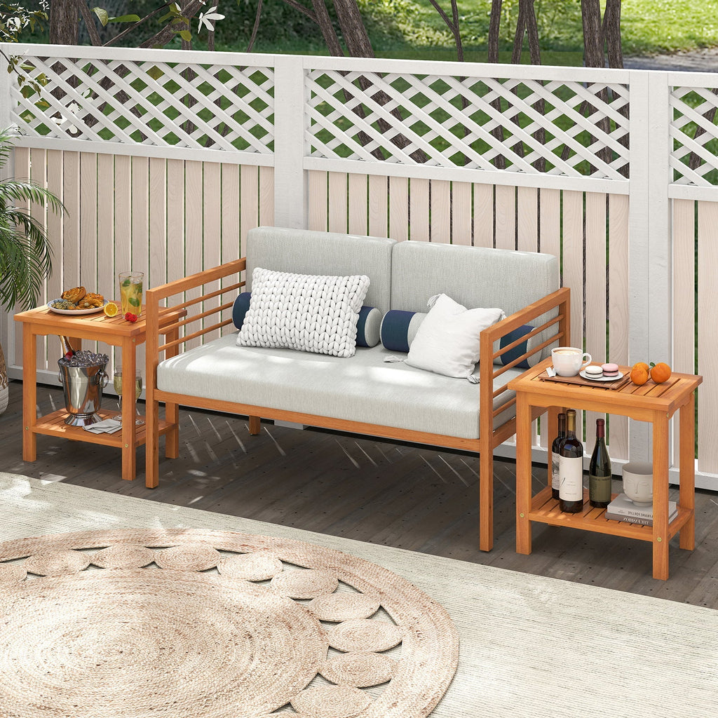 2-Tier Outdoor Acacia Wood Side Table with Slatted Tabletop and Storage Shelf