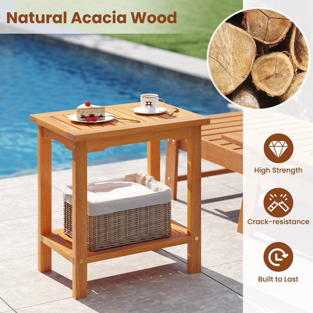 2-Tier Outdoor Acacia Wood Side Table with Slatted Tabletop and Storage Shelf