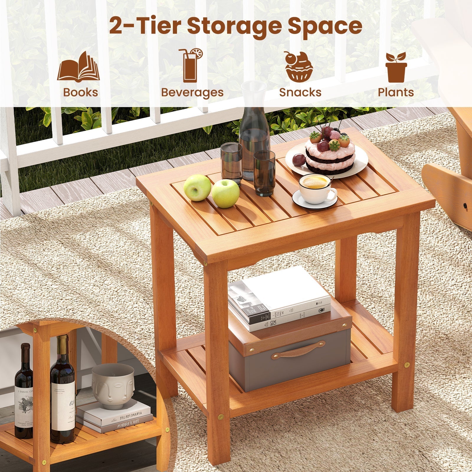 2-Tier Outdoor Acacia Wood Side Table with Slatted Tabletop and Storage Shelf