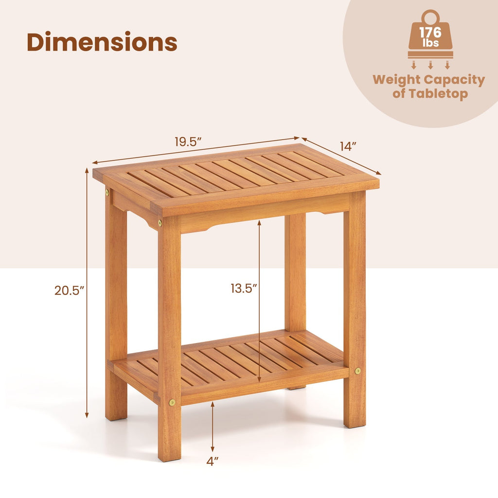 2-Tier Outdoor Acacia Wood Side Table with Slatted Tabletop and Storage Shelf