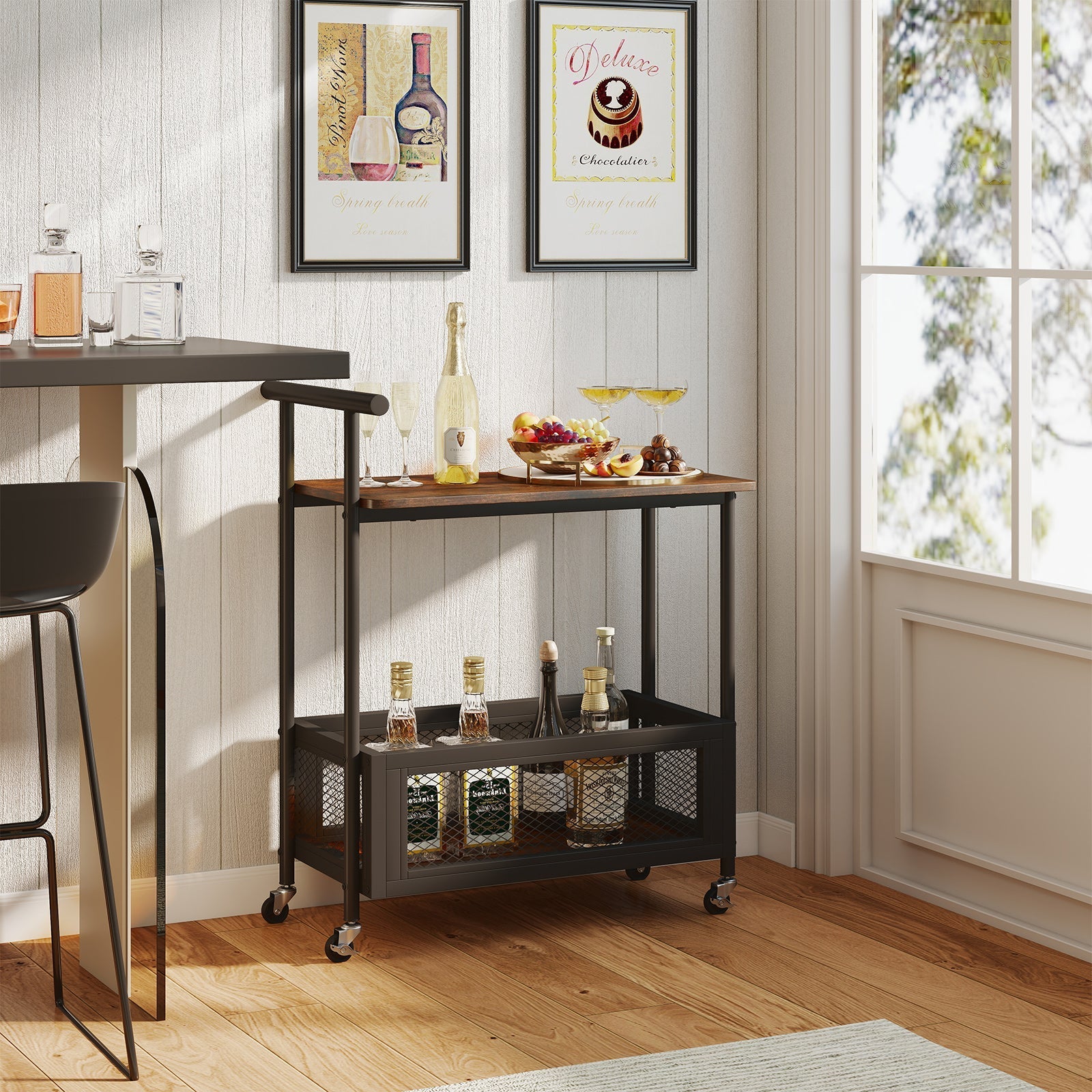 2-Tier Rolling End Table with Handle and Mesh Basket-Rustic Brown