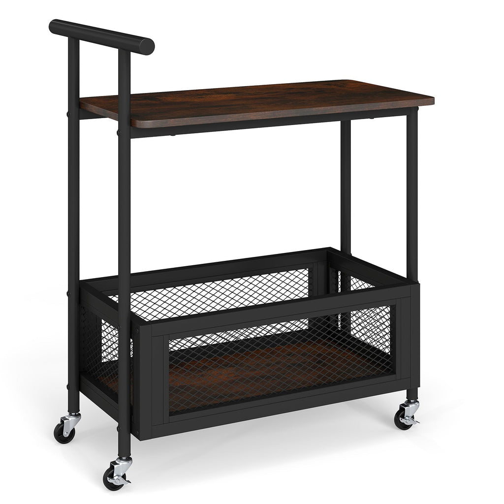 2-Tier Rolling End Table with Handle and Mesh Basket-Rustic Brown