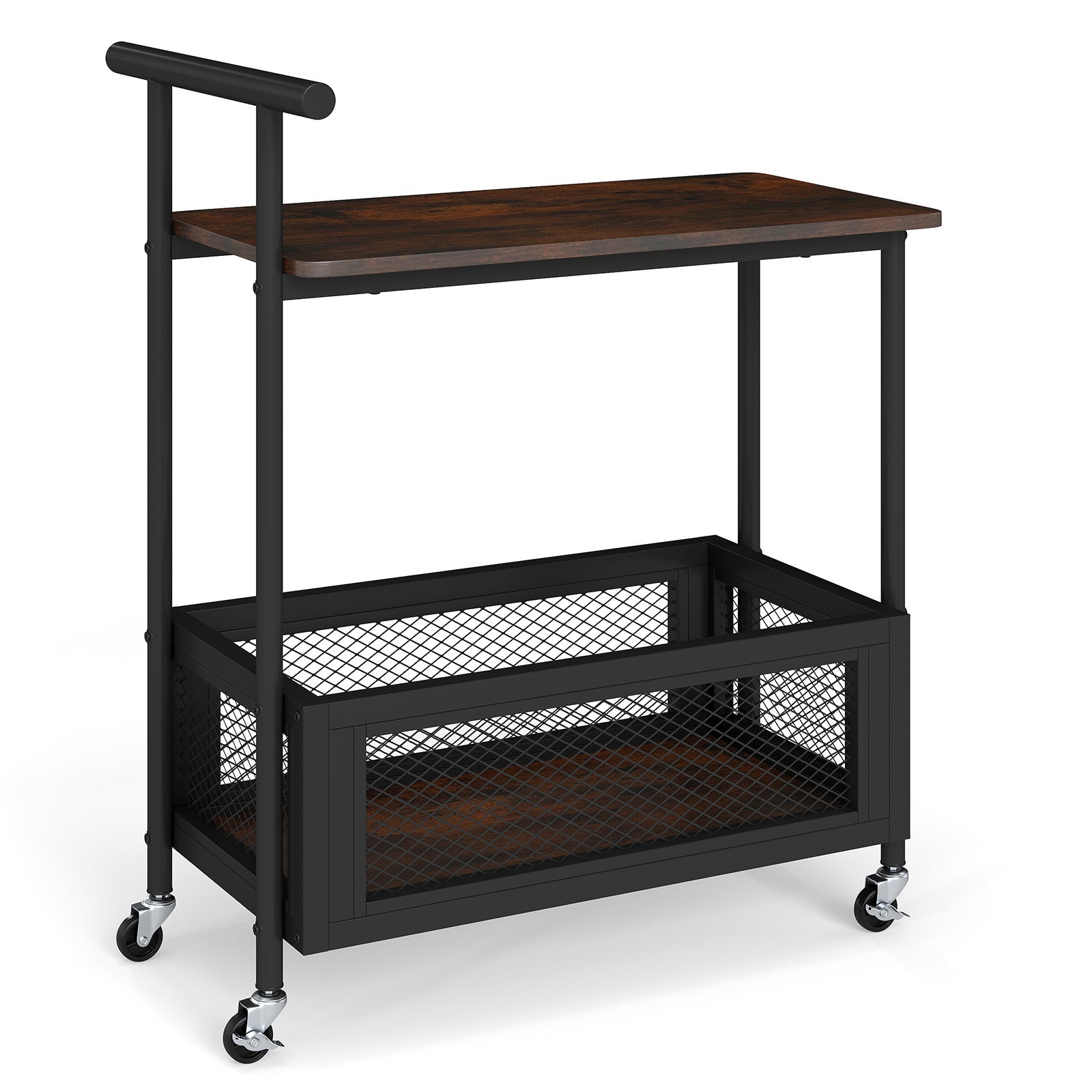 2-Tier Rolling End Table with Handle and Mesh Basket-Rustic Brown