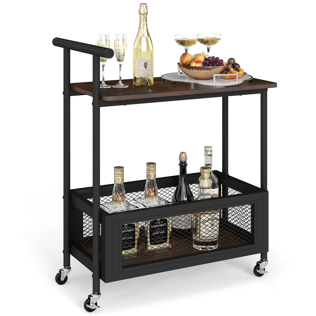 2-Tier Rolling End Table with Handle and Mesh Basket-Rustic Brown