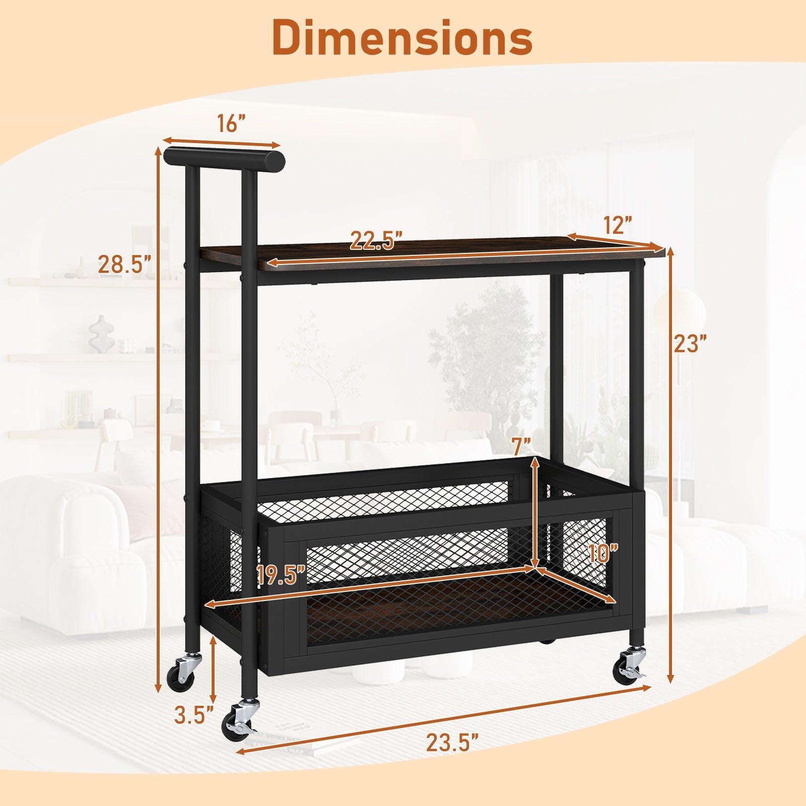 2-Tier Rolling End Table with Handle and Mesh Basket-Rustic Brown