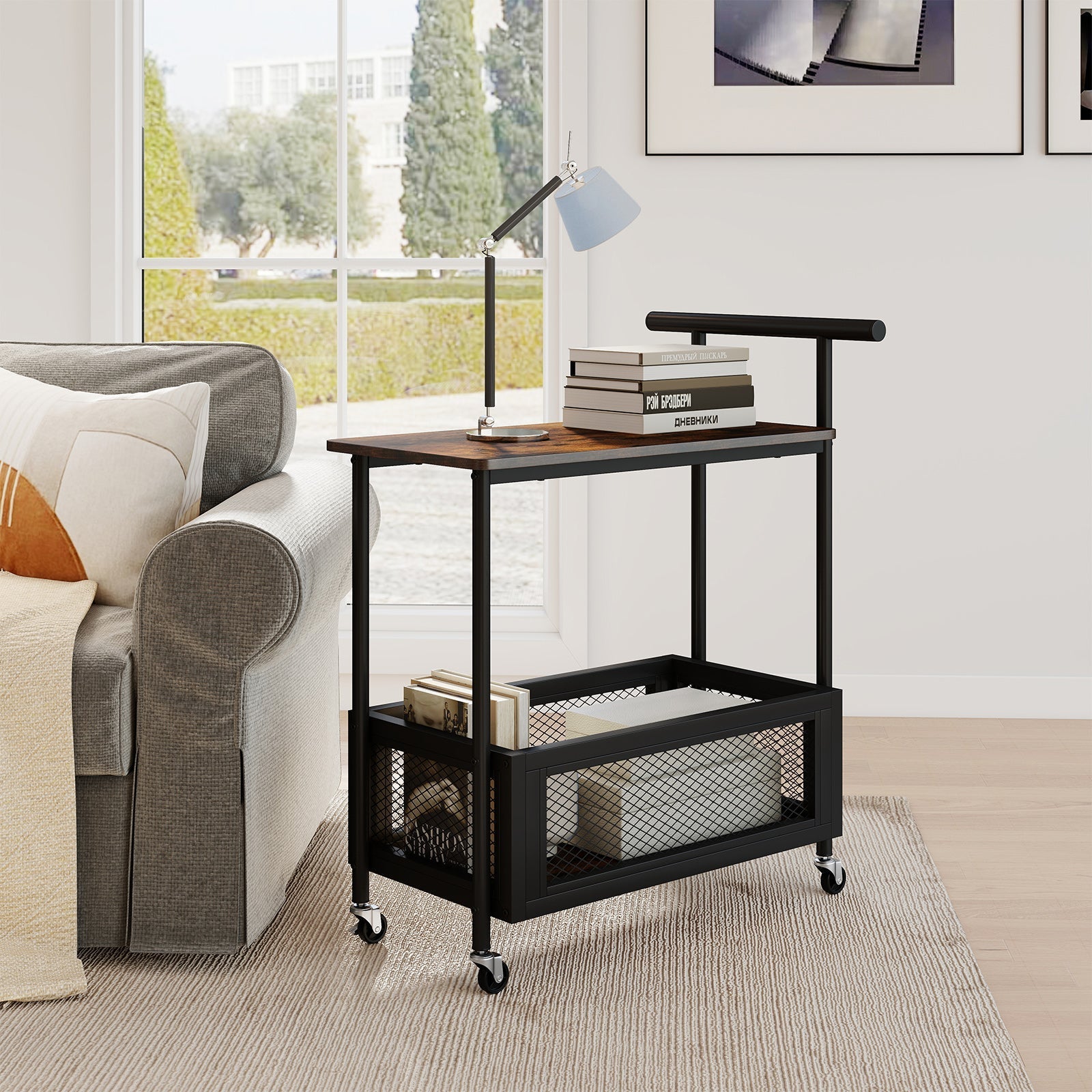 2-Tier Rolling End Table with Handle and Mesh Basket-Rustic Brown