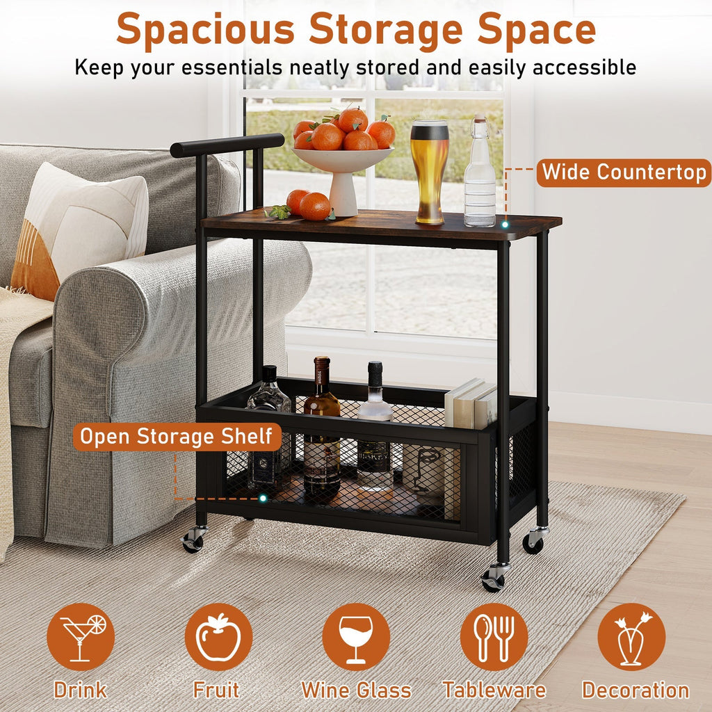 2-Tier Rolling End Table with Handle and Mesh Basket-Rustic Brown