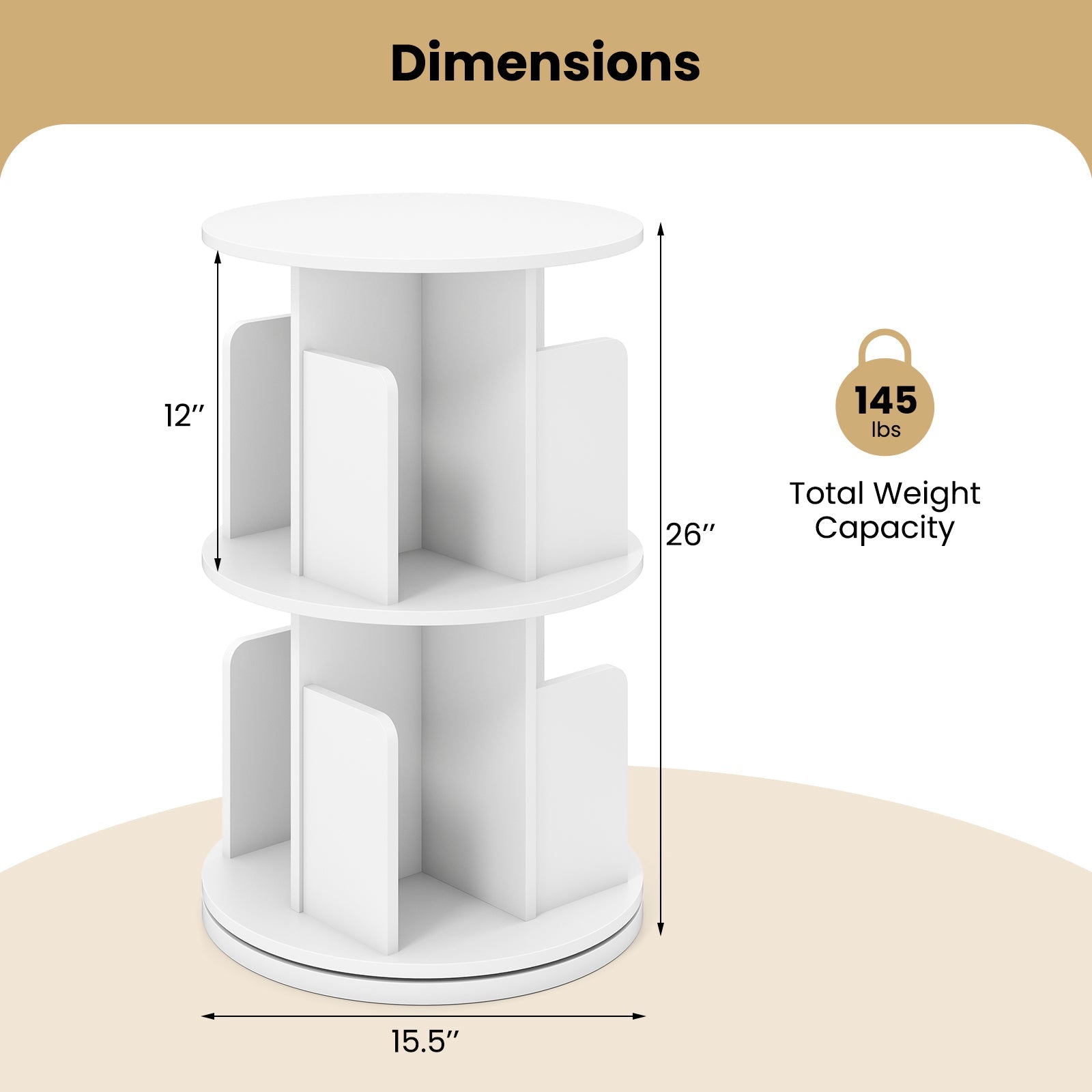 2-Tier Rotating Bookshelf with Dividers and Anti-falling Baffles