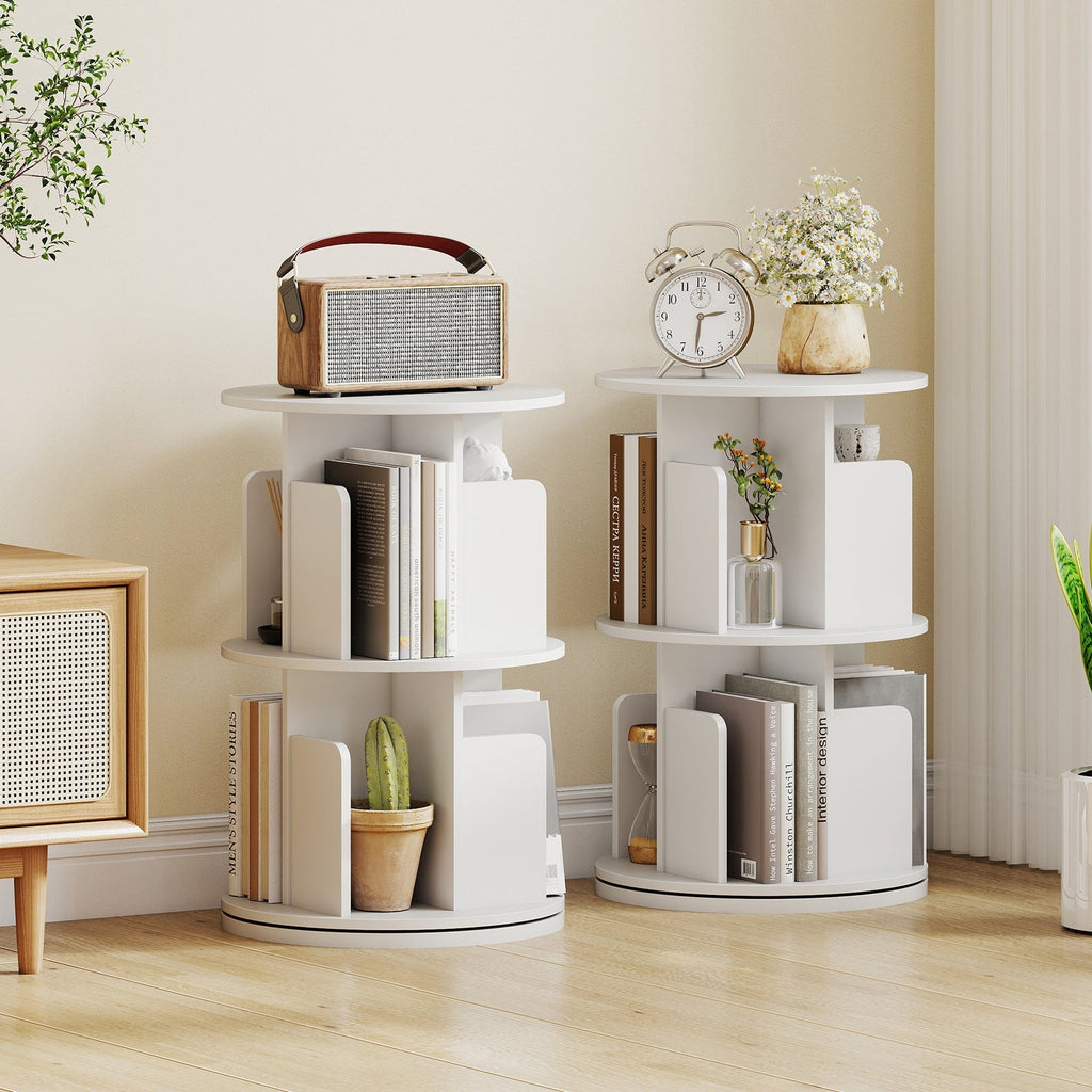 2-Tier Rotating Bookshelf with Dividers and Anti-falling Baffles