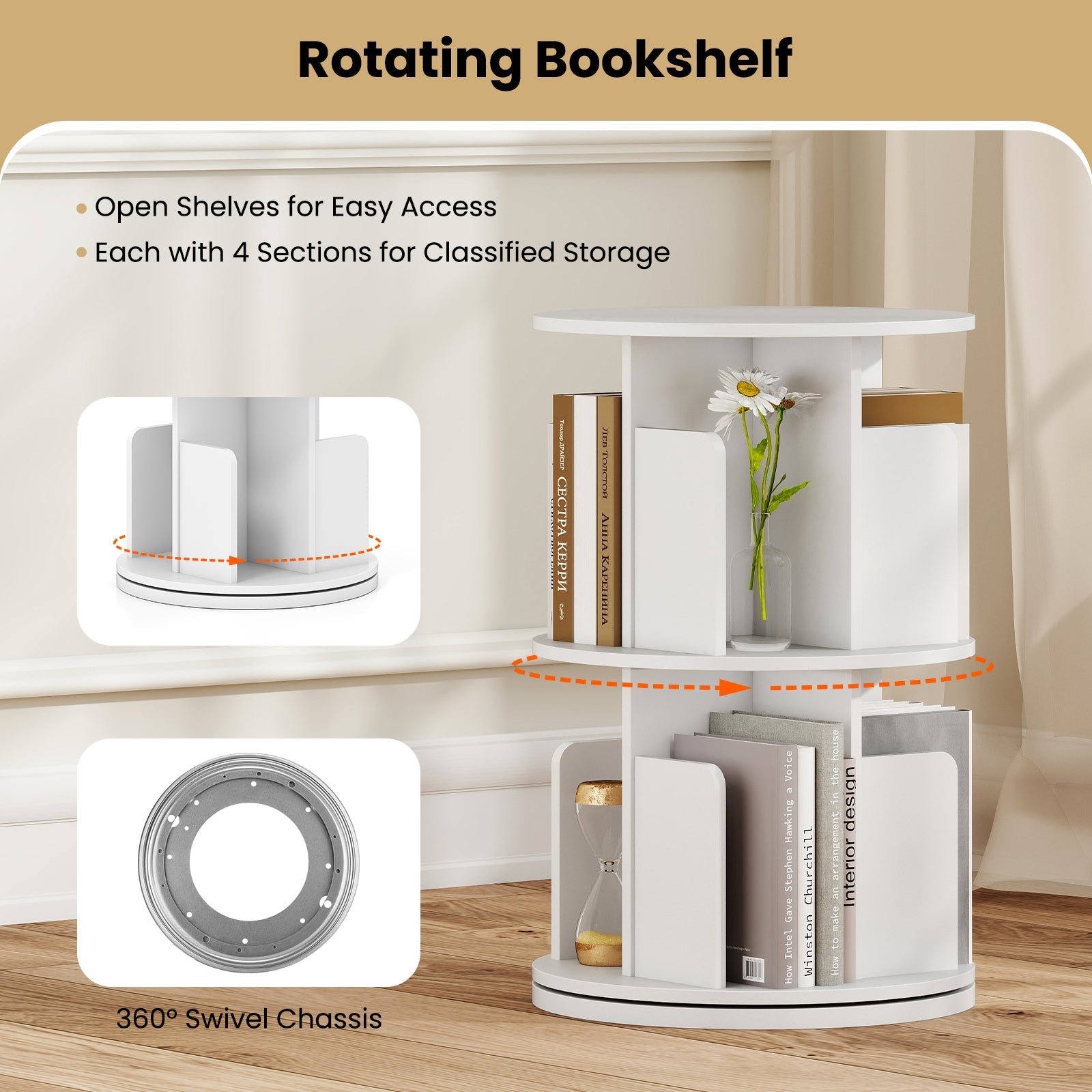 2-Tier Rotating Bookshelf with Dividers and Anti-falling Baffles