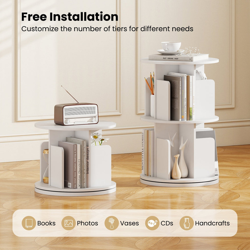 2-Tier Rotating Bookshelf with Dividers and Anti-falling Baffles